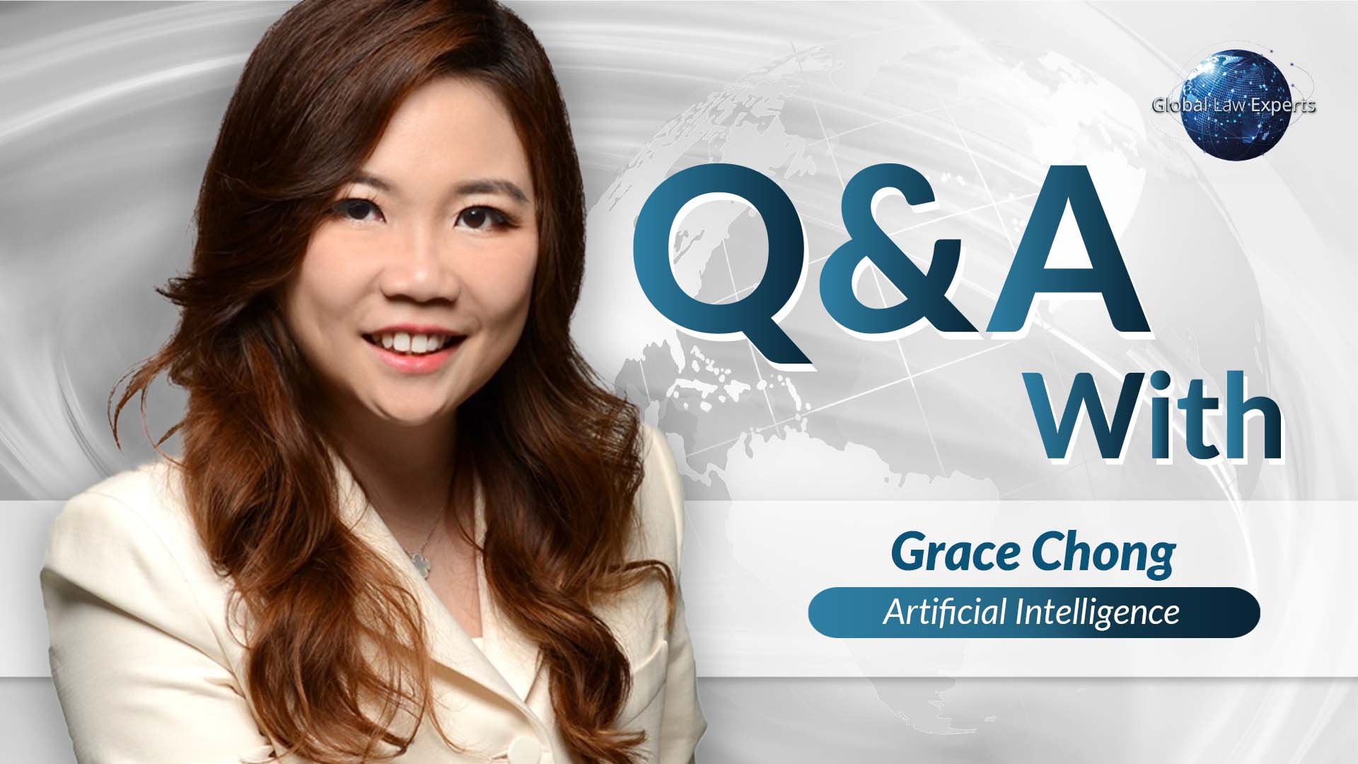 Legal expert participating in Q&A about artificial intelligence with a global map in the background.