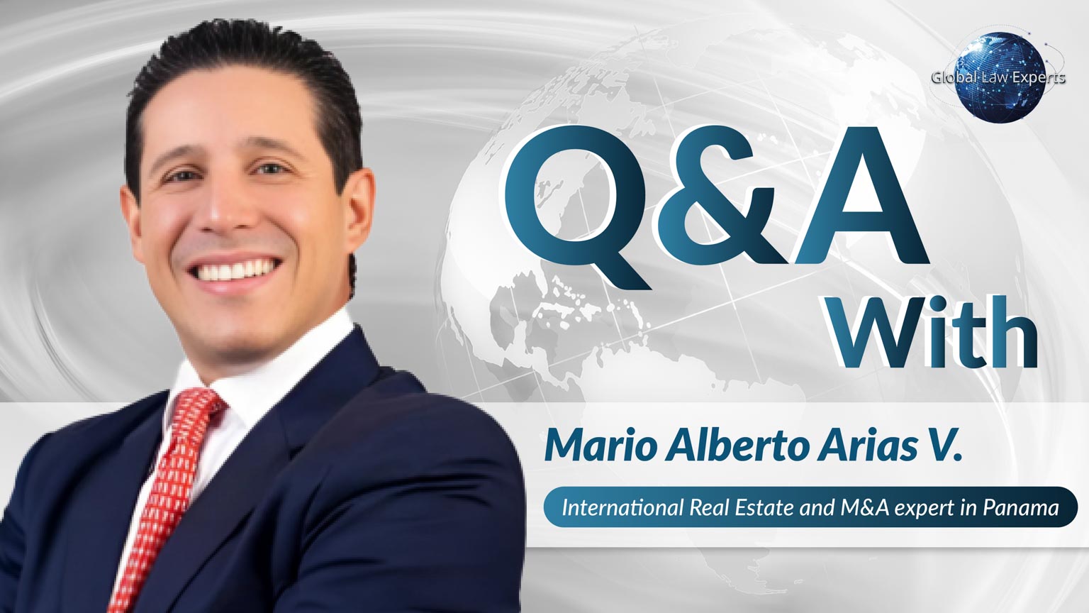 International real estate expert smiling for a Q&A feature, with a global map in the background.