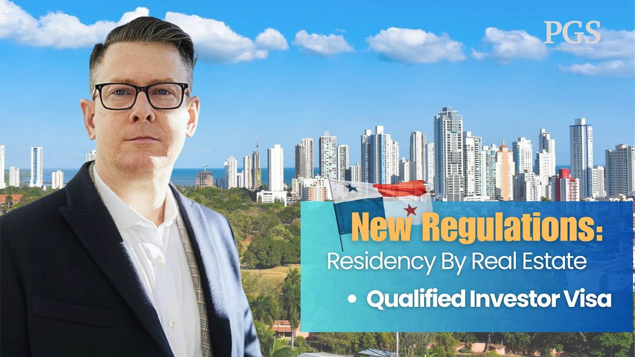 Professional presenting information on new regulations for residency by real estate, with a city skyline in the background.