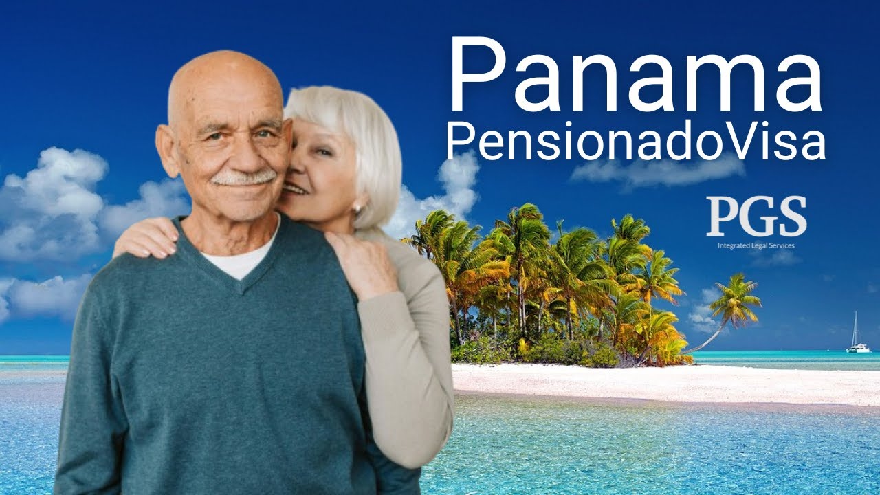 Senior couple smiling together on a tropical beach with palm trees in the background and text promoting a visa service.