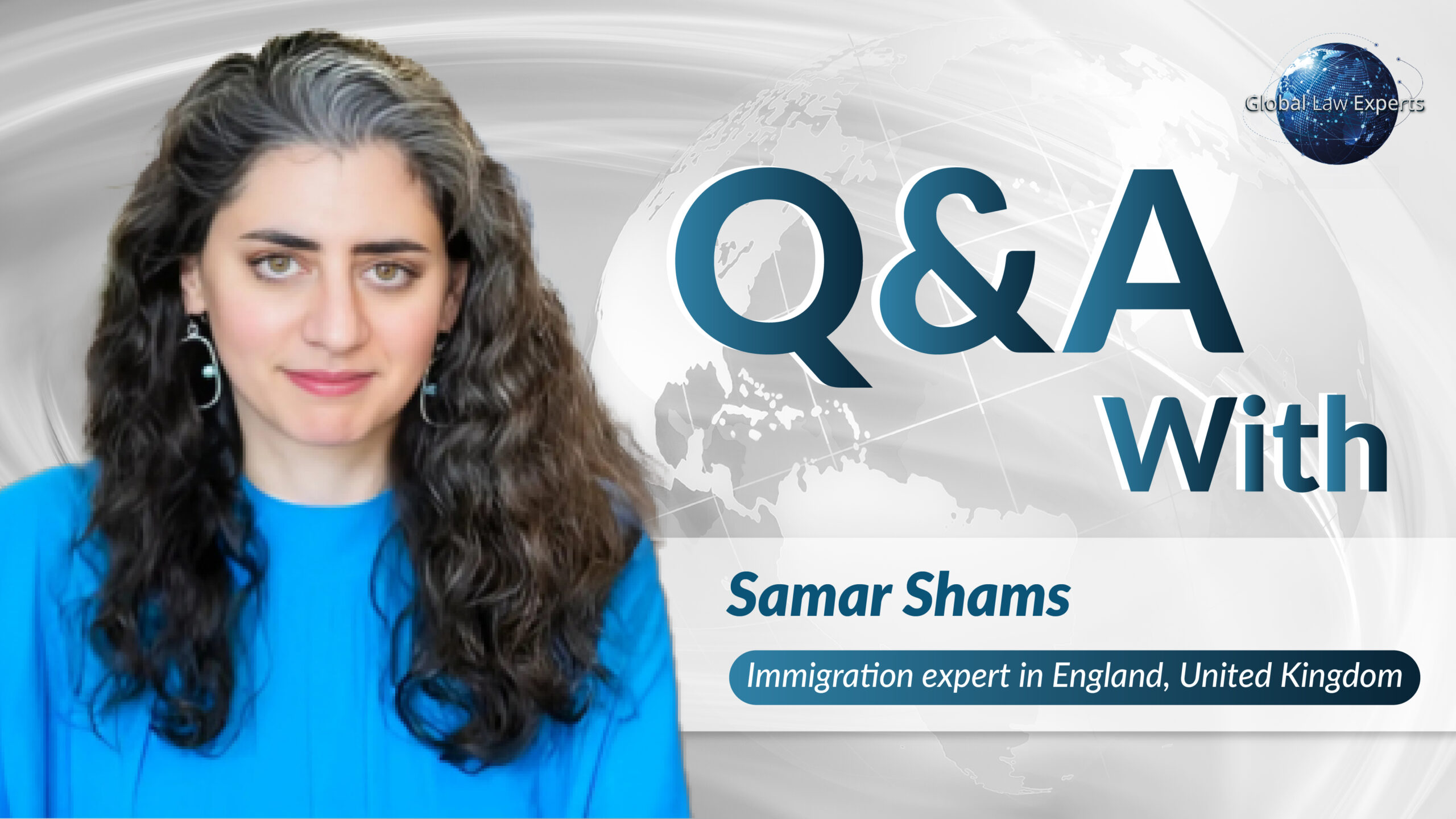 Immigration expert Samar Shams poses for a Q&A session against a world map background.