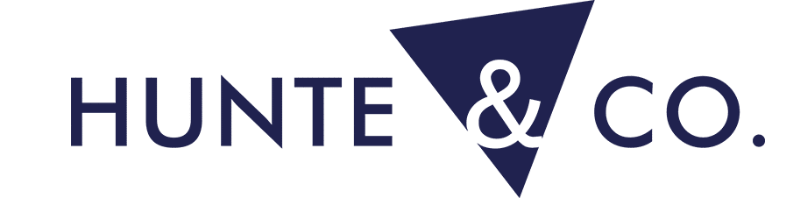 Logo featuring the text "HUNTE & CO." in a modern font with a triangular design element.