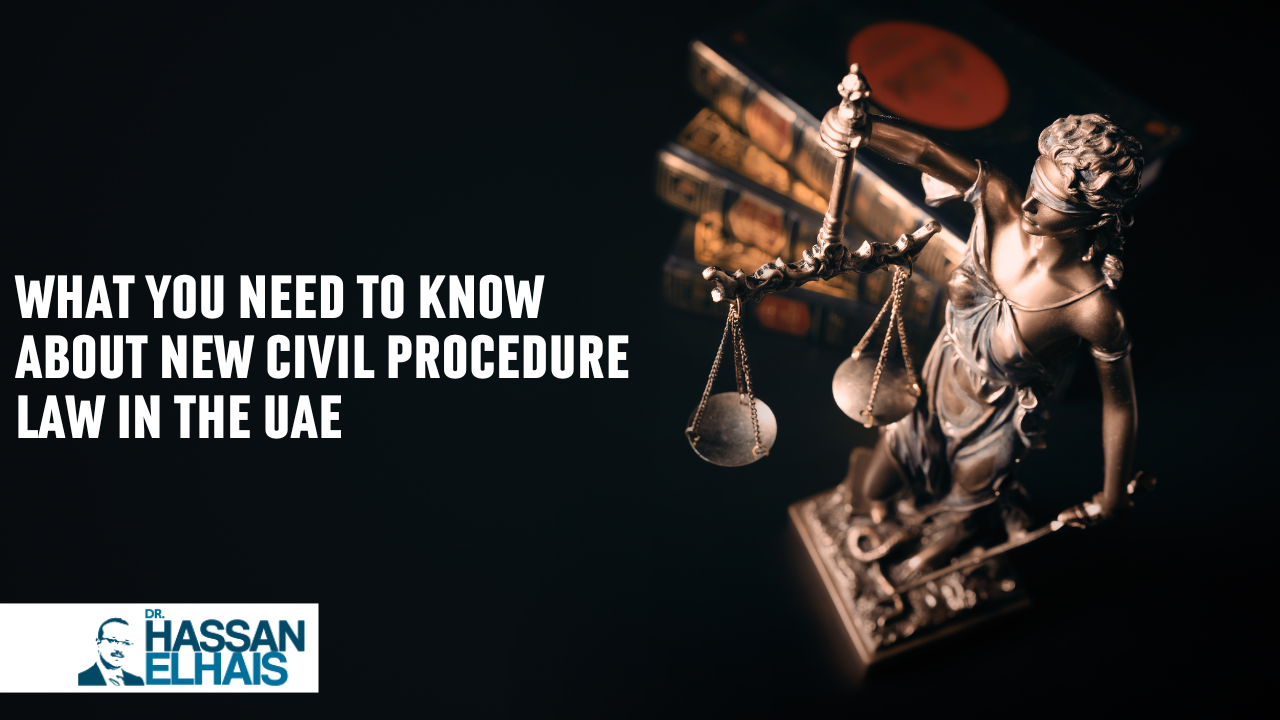 Lady Justice sculpture with scales, legal books in background, context of civil procedure law in UAE.