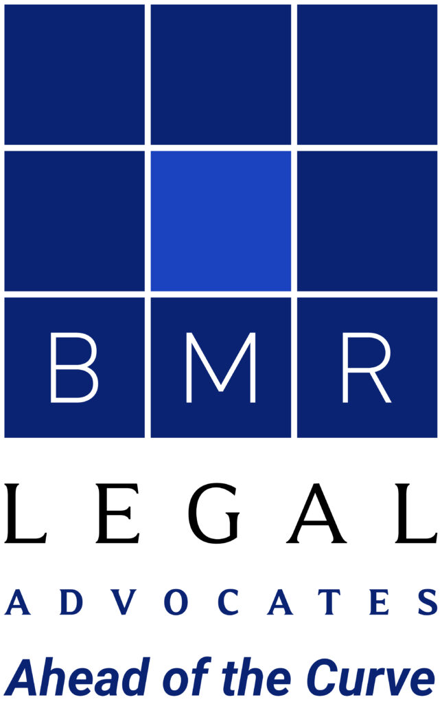 BMR Legal Advocates logo featuring blue and white elements with tagline "Ahead of the Curve" below the name.