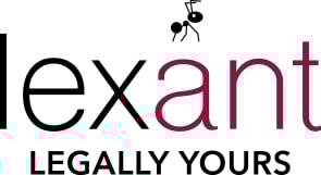 Text-based logo for Lexant, featuring a stylized ant and the tagline "Legally Yours".