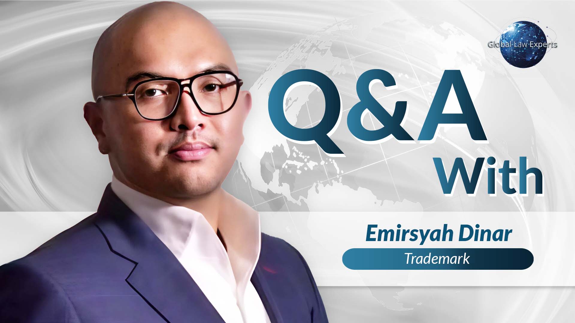 Trademark expert participating in Q&A session, background features world map and branding elements.