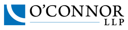 O'Connor LLP law firm logo featuring a stylized blue wave design and bold text for branding.