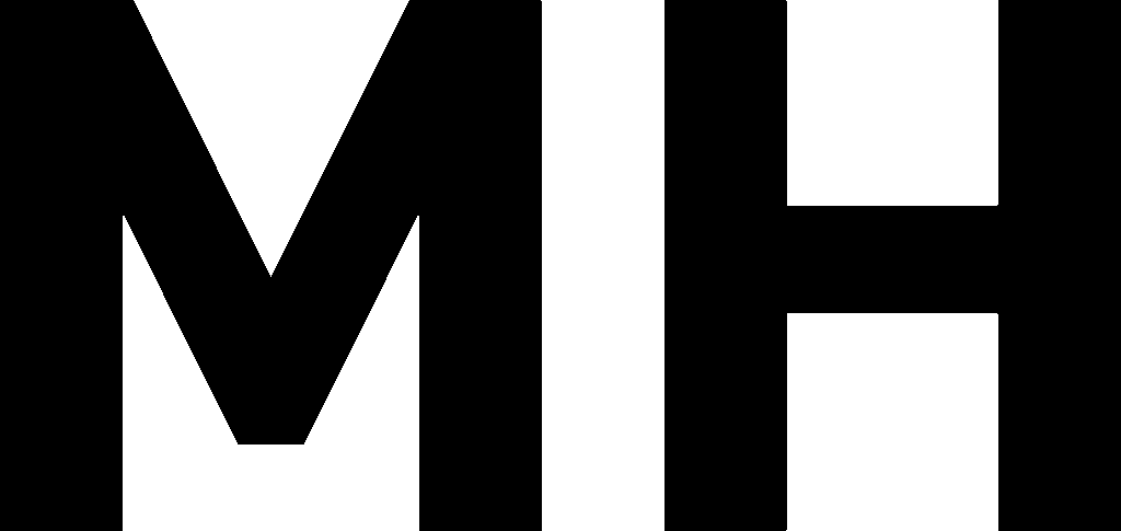 Bold letter design with the initials "M" and "H" in a stylized font on a plain background.
