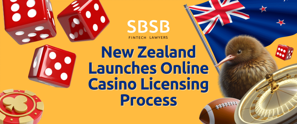 New Zealand flag with gaming symbols and text promoting online casino licensing process by fintech lawyers.