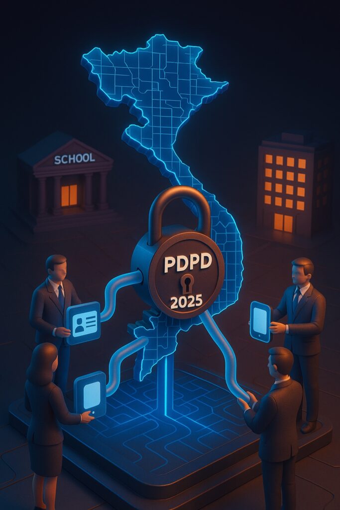 Professionals engaging with digital privacy regulations near 2025 on a map of Vietnam with a lock symbol.