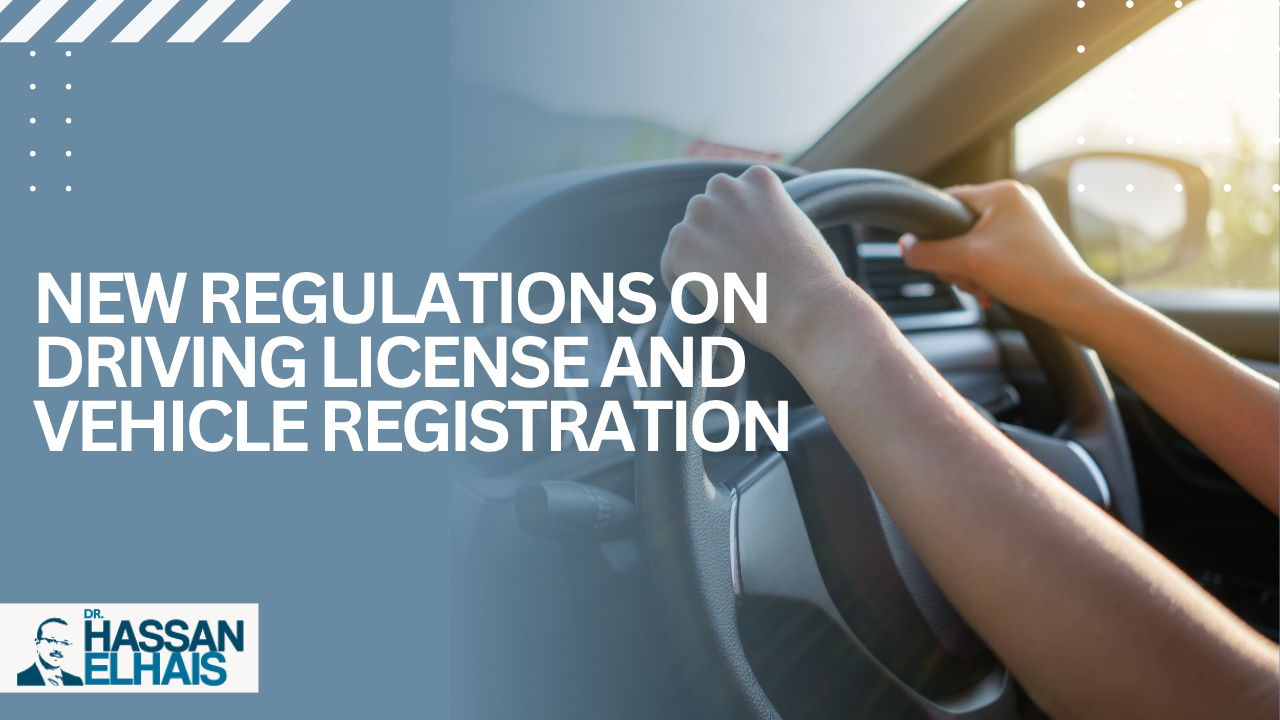 Hands gripping a steering wheel inside a vehicle, with text about new driving license regulations in the background.