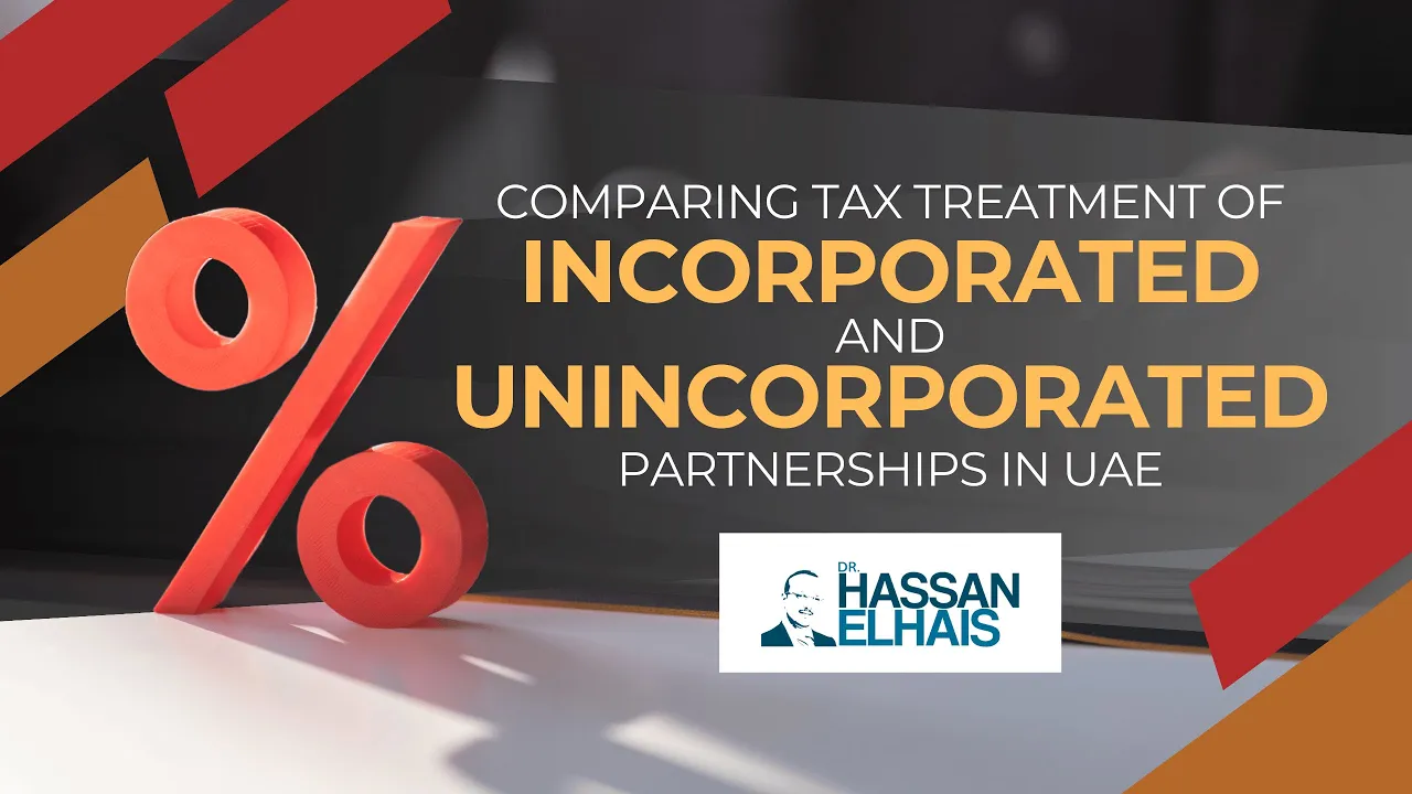 Red percentage symbol overlaying text discussing tax treatment of partnerships in UAE. Logo of Dr. Hassan Elhais included.