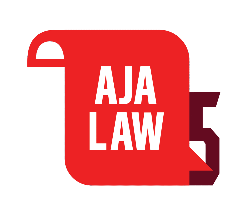 Red speech bubble with the text "AJA LAW" in bold white letters on a red background.