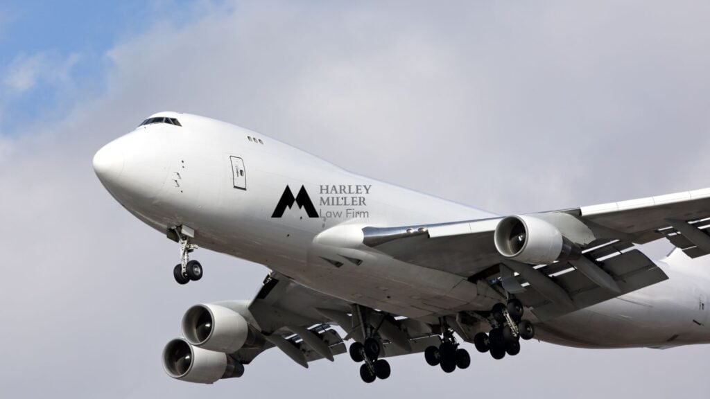 Large airplane with "Harley Miller Law Firm" branding flying against a cloudy sky.