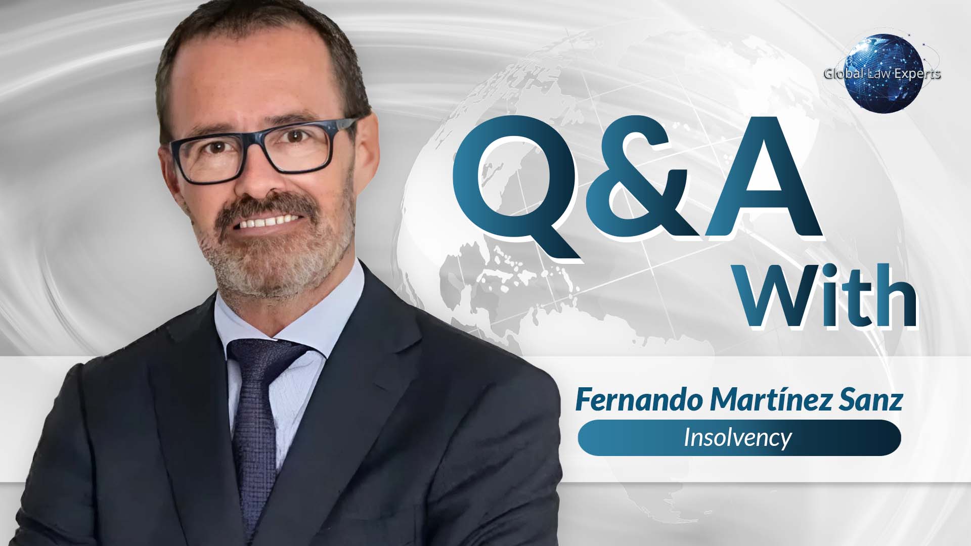 Lawyer smiling in a professional setting, accompanied by text for a Q&A on insolvency.