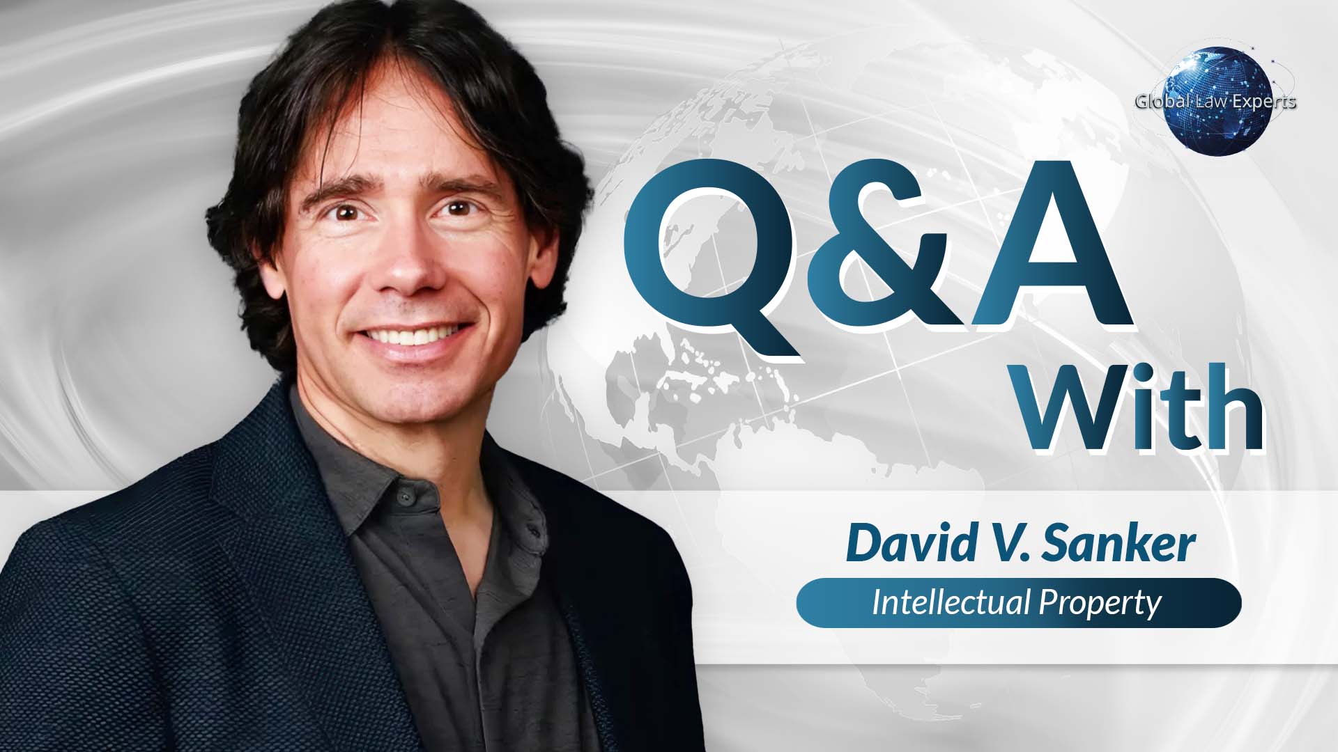 Legal expert engaged in a Q&A discussion about intellectual property with a world map background.