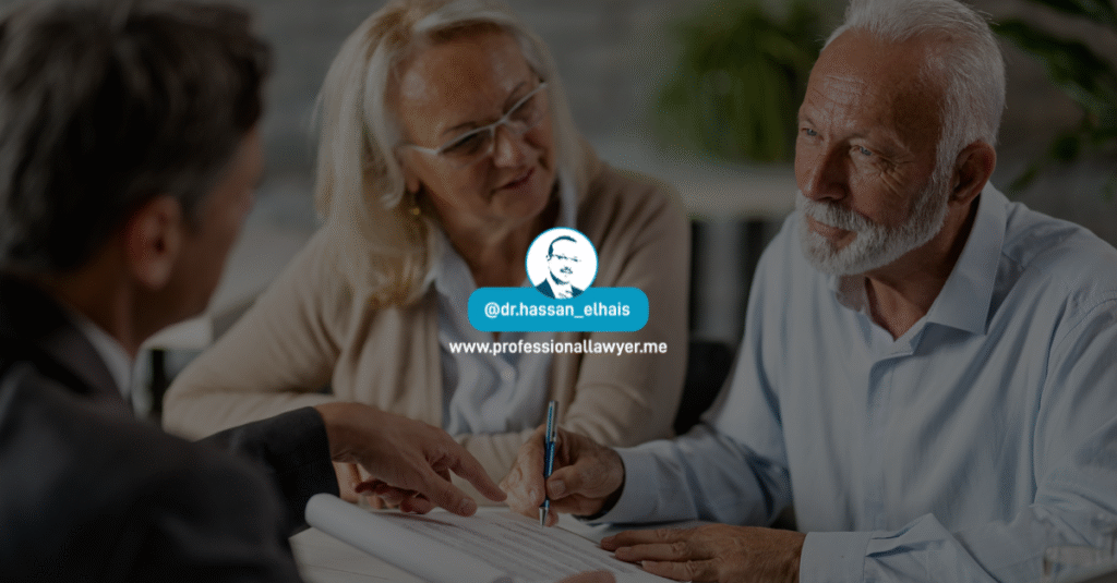 Lawyer consulting with clients, reviewing documents in a professional office setting.