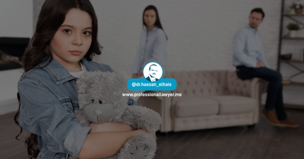 Child holding a teddy bear, looking concerned, with a couple in the background appearing detached in a legal consultation setting.