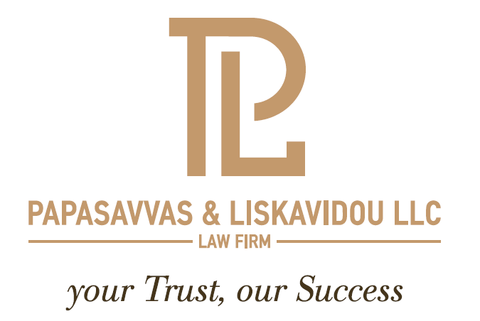 Logo of Papasavvas & Liskavidou LLC law firm featuring initials and tagline "your Trust, our Success" in gold.