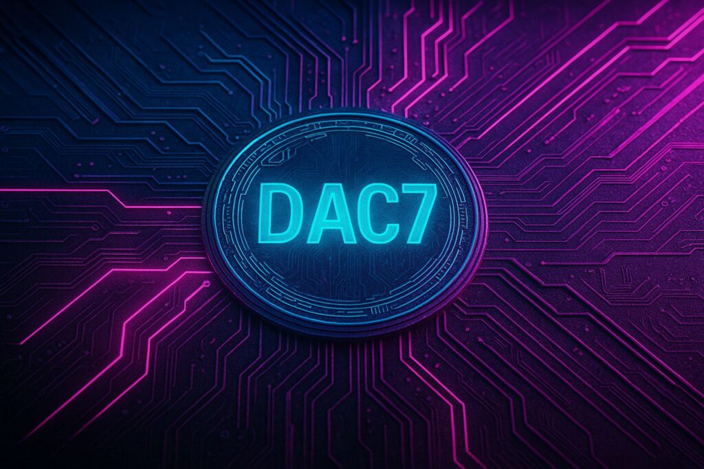 Token labeled "DAC7" on a circuit board with vibrant blue and pink lines, representing digital currency technology.