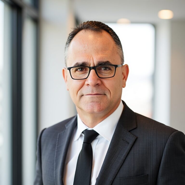 Lawyer in suit and glasses, posing confidently in a well-lit office environment.