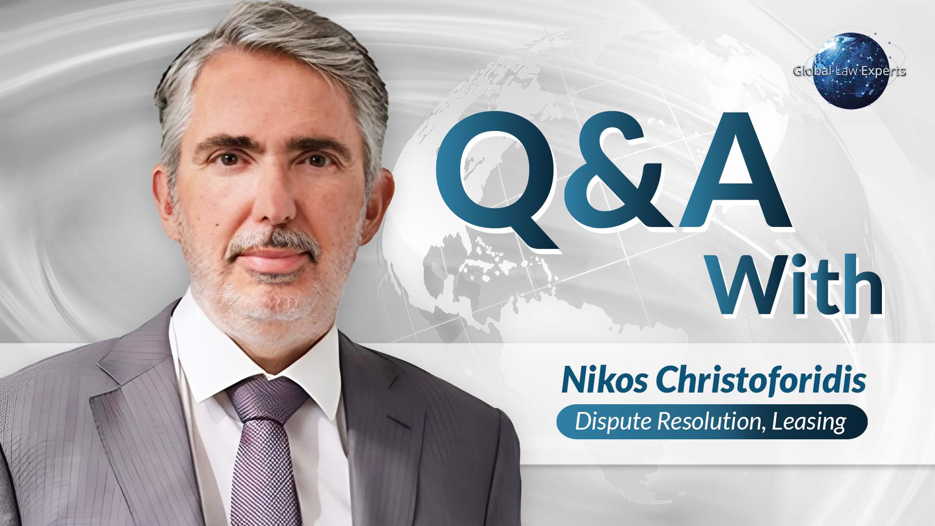 Legal professional discussing dispute resolution and leasing in a Q&A format, with global imagery in background.