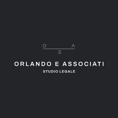 Legal firm logo with the name "Orlando e Associati" prominently displayed in a modern design on a dark background.
