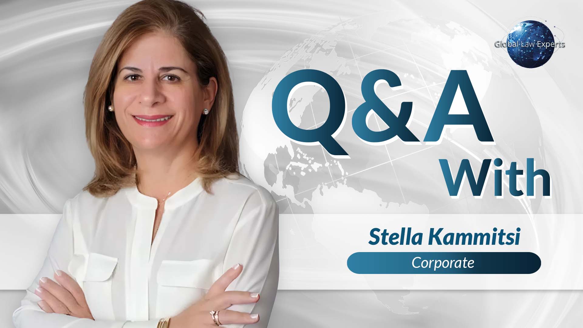 Lawyer posing confidently with arms crossed, background features a globe design and Q&A text.