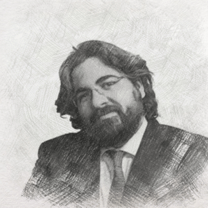 Bearded lawyer in a suit with a contemplative expression, sitting in a legal office setting.