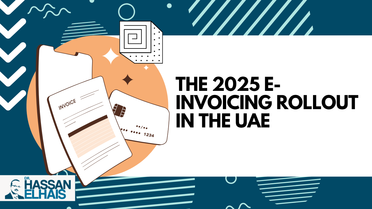Graphic illustrating the 2025 e-invoicing rollout in the UAE with invoice and payment card.