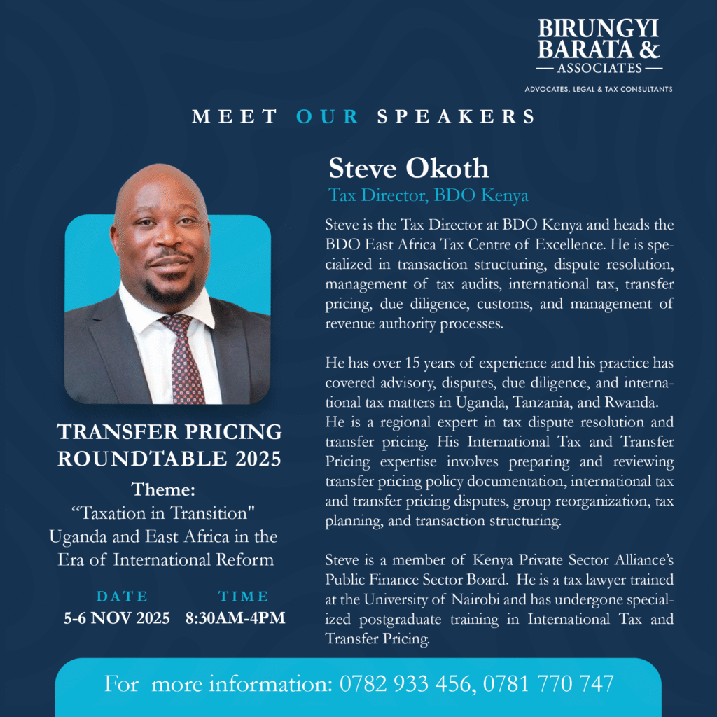 Tax director presenting at Transfer Pricing Roundtable in a professional setting, with event details in background.