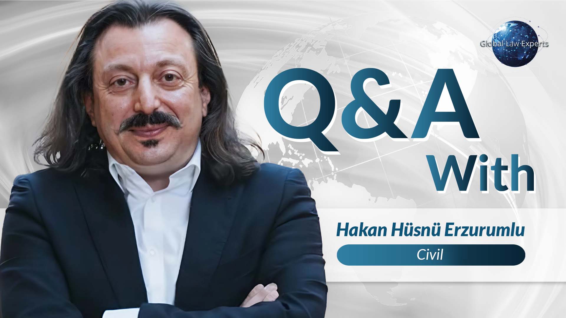 Civil attorney posing for an interview, with a global theme in the background.