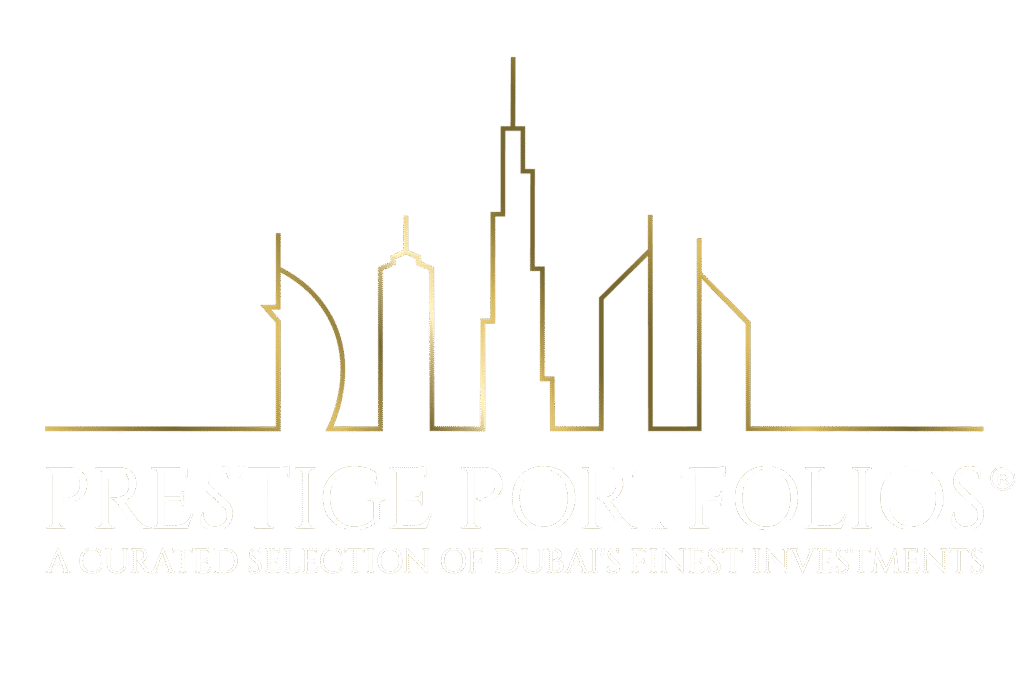 Stylized skyline logo with "Prestige Portfolios" and tagline about Dubai's finest investments.