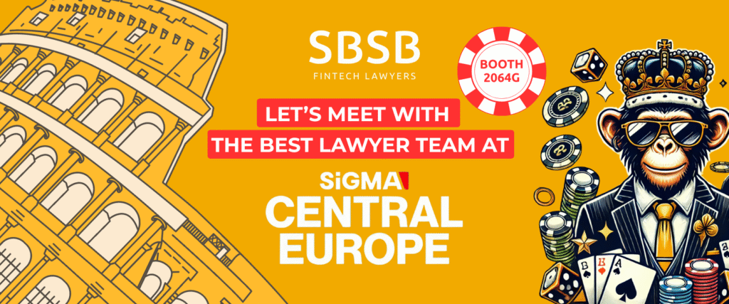 Fintech lawyers promoting their services at a legal event featuring an illustrated monkey character and location details.