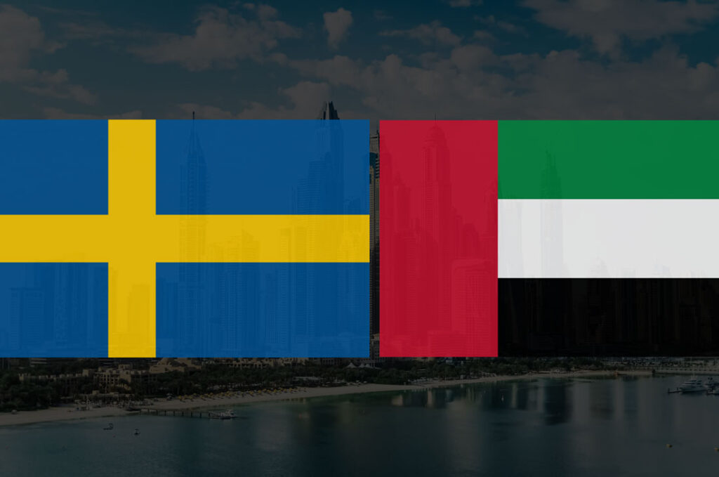 Swedish and UAE flags displayed against a city skyline, symbolizing international legal connections.