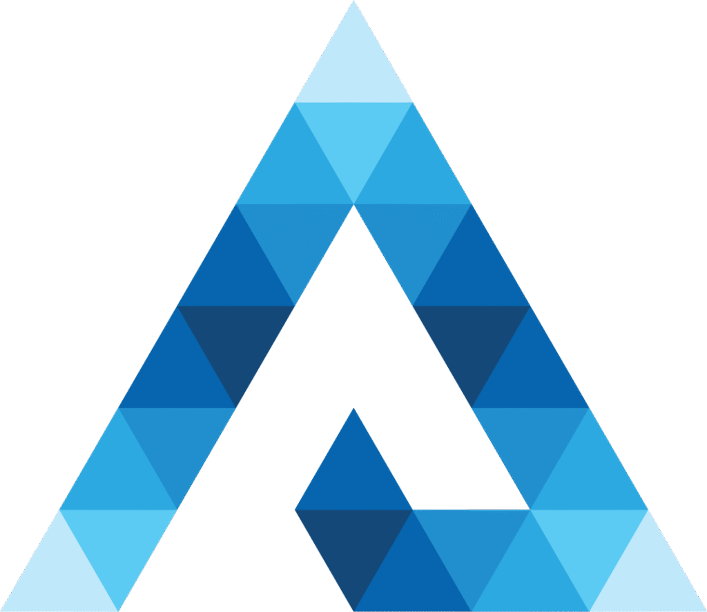 Geometric logo design with various shades of blue triangles forming an abstract shape.