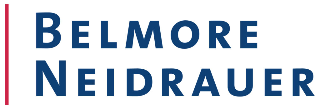 Blue and red text displaying “Belmore Neidrauer” as a logo design for a law firm.