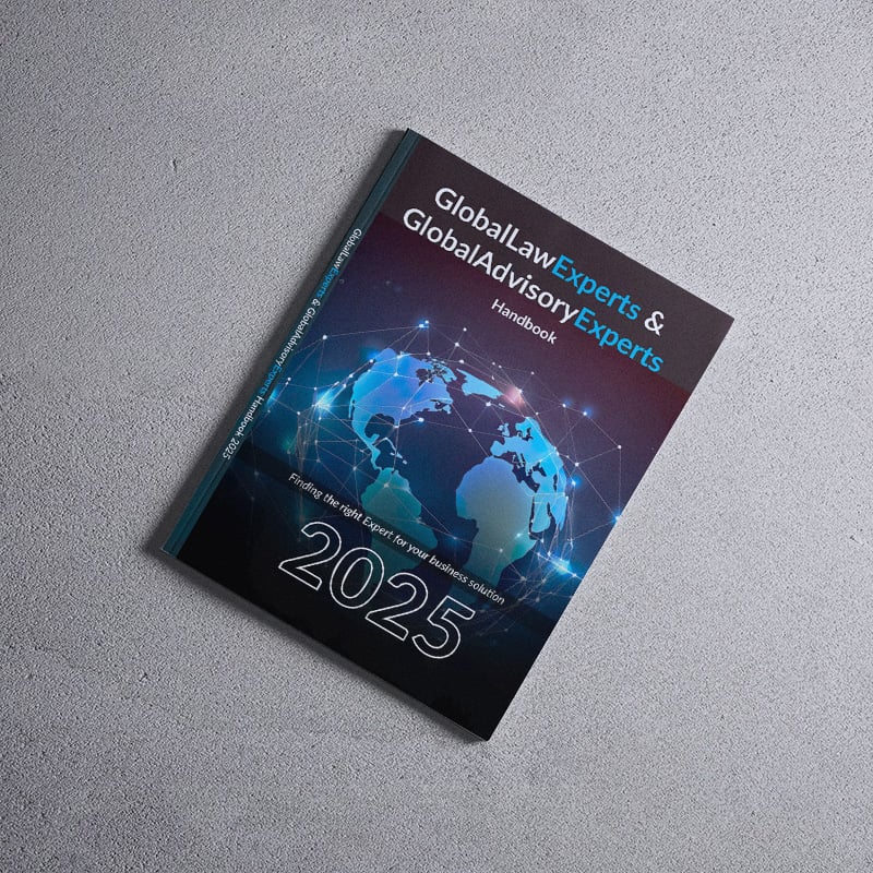 Global Law Experts Handbook For 2025 Showcasing A Globe With A Network Design On Cover.