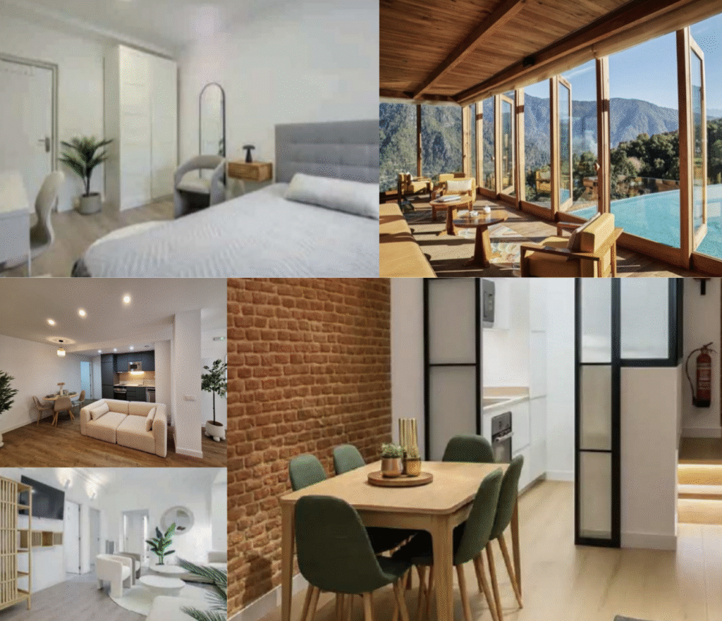 Modern interior spaces showcasing a bedroom, living area, and dining area with large windows and natural light.