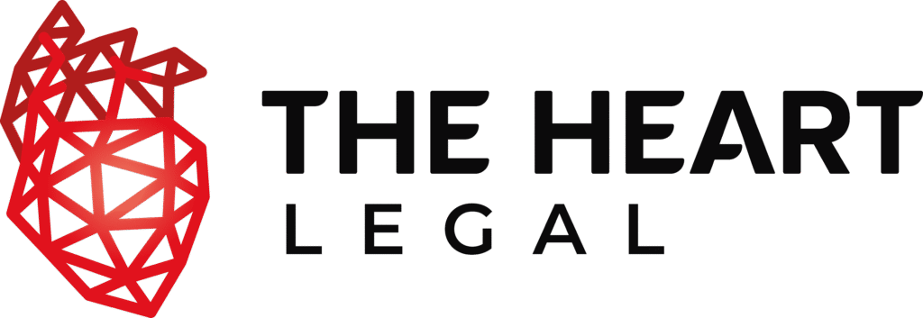 Logo design featuring a geometric heart shape alongside the text "THE HEART LEGAL" in bold font.