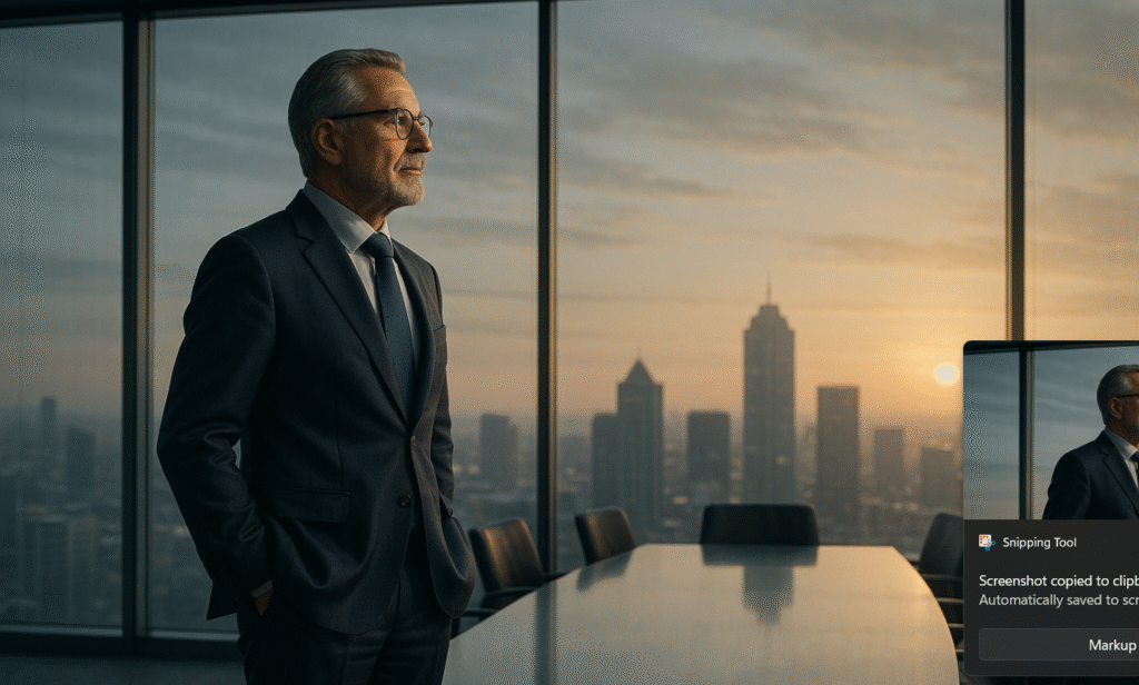 Lawyer standing by large window overlooking city skyline in modern law office during sunset.