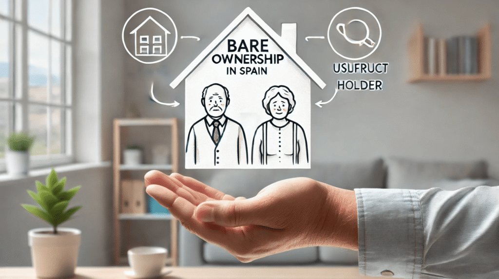 Hand presenting visual elements of bare ownership and usufruct holder concepts related to property law in Spain.