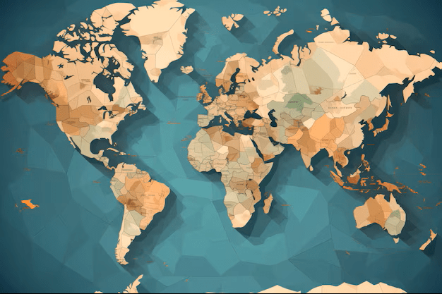 World map with polygonal design highlighting countries in varying shades of brown and orange.