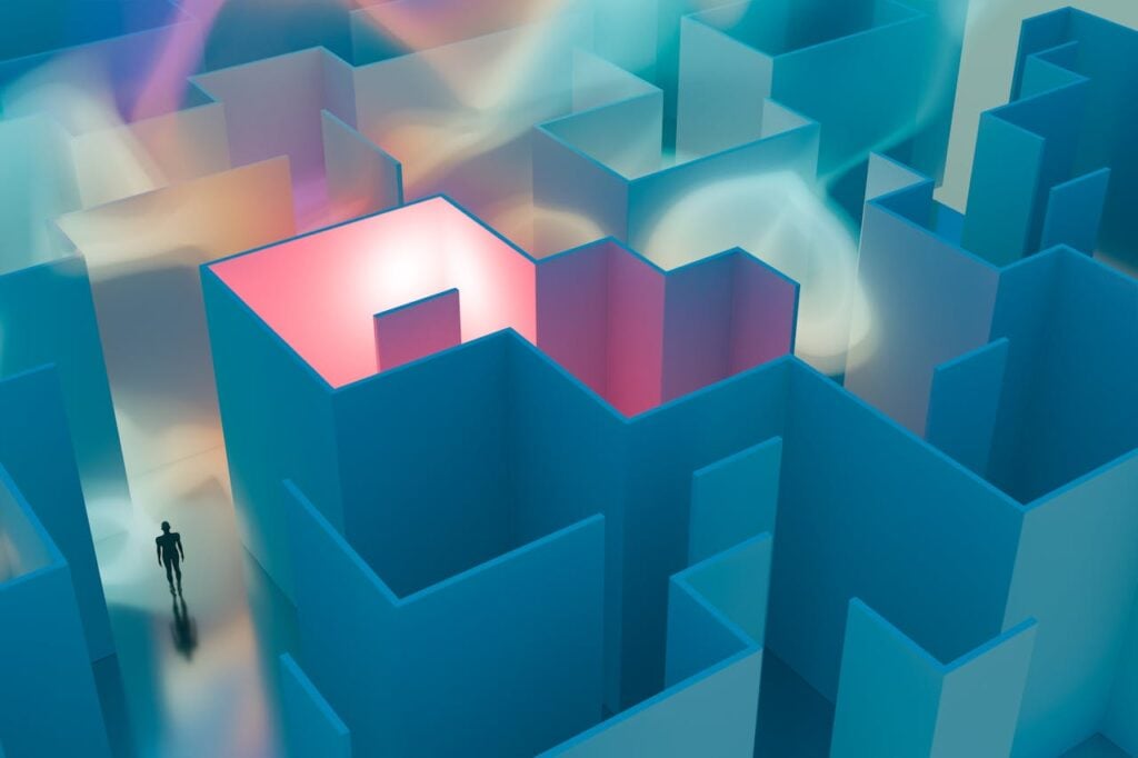 Abstract maze design with a silhouette figure navigating through illuminated pathways.